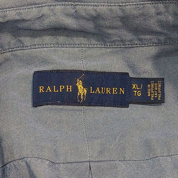 Ralph Lauren Men's XL Chambray Button Down Short Sleeve Shirt Blue Flesh Pony - Picture 5 of 9